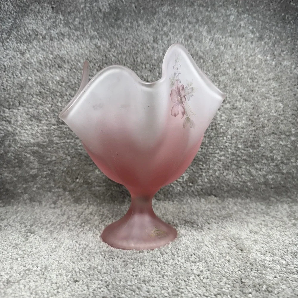 Viking Glass Ruffled Pedestal Bowl Pink Frosted Satin Floral Handkerchief Vase